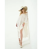 A Loves A Woven Lace Adjustable Tassel Off the Shoulder Neck Long Balloon Sleeve Caftan Maxi Dress