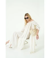 A Loves A Woven Lace Adjustable Tassel Off the Shoulder Neck Long Balloon Sleeve Caftan Maxi Dress
