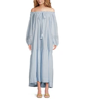 A Loves A Woven Lace Adjustable Tassel Off the Shoulder Neck Long Balloon Sleeve Caftan Maxi Dress