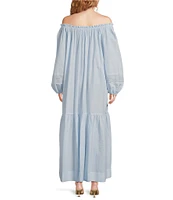 A Loves A Woven Lace Adjustable Tassel Off the Shoulder Neck Long Balloon Sleeve Caftan Maxi Dress