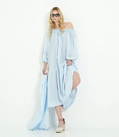 A Loves A Woven Lace Adjustable Tassel Off the Shoulder Neck Long Balloon Sleeve Caftan Maxi Dress