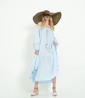 A Loves A Woven Lace Adjustable Tassel Off the Shoulder Neck Long Balloon Sleeve Caftan Maxi Dress