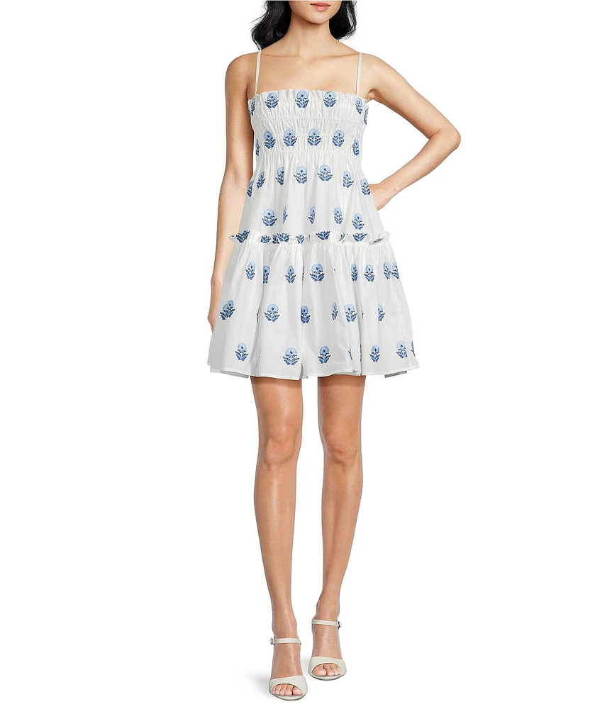 A Loves A Woven Paisley Embroidery Square Neck Spaghetti Strap Smocked Bodice Tiered A-Line Flounce Mini Dress