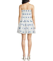 A Loves A Woven Paisley Embroidery Square Neck Spaghetti Strap Smocked Bodice Tiered A-Line Flounce Mini Dress