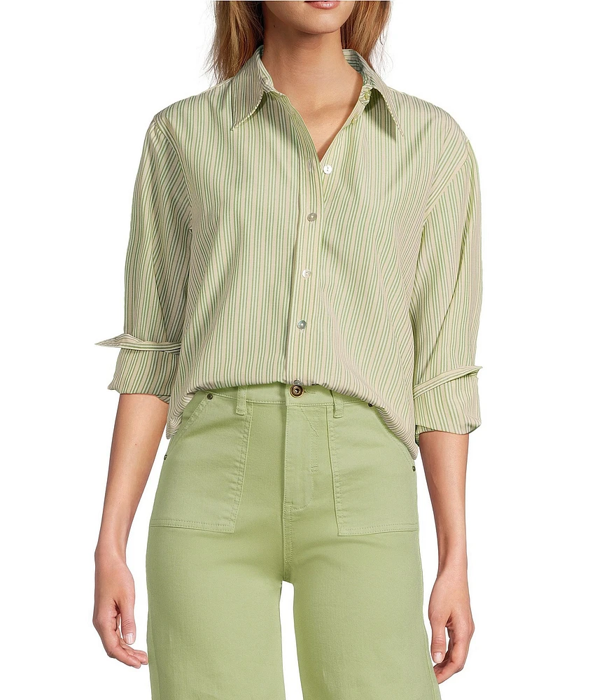 A Loves A Woven Pinstripe Point Collar Button Front Long Sleeve Shirt