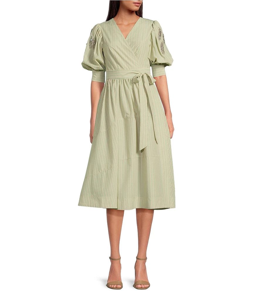 A Loves A Woven Pinstripe Rhinestone Embellished 3/4 Bubble Sleeve Surplice V-Neck Flounce Wrap Midi Dress