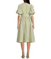 A Loves A Woven Pinstripe Rhinestone Embellished 3/4 Bubble Sleeve Surplice V-Neck Flounce Wrap Midi Dress