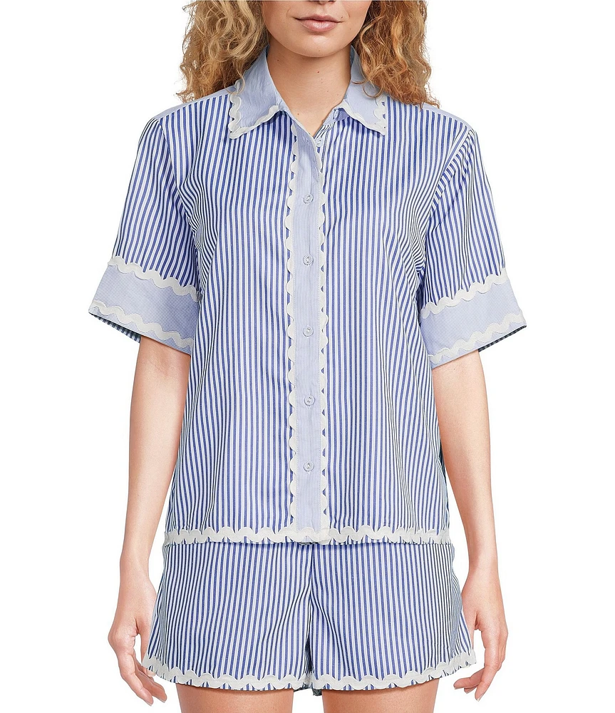 A Loves A Woven Ric Rac Trim Stripe Point Collar Scallop Hem Button Front Coordinating Shirt