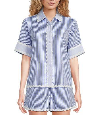 A Loves A Woven Ric Rac Trim Stripe Point Collar Scallop Hem Button Front Coordinating Shirt