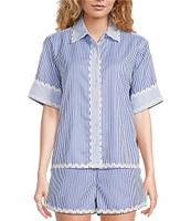 A Loves A Woven Ric Rac Trim Stripe Point Collar Scallop Hem Button Front Coordinating Shirt