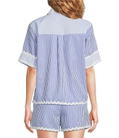 A Loves A Woven Ric Rac Trim Stripe Point Collar Scallop Hem Button Front Coordinating Shirt