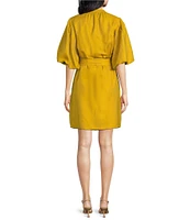 A Loves A Woven Ruched Crew Neck Short Bubble Sleeve Button Front Tie Waist Sheath Mini Dress
