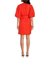 A Loves A Woven Ruched Crew Neck Short Bubble Sleeve Button Front Tie Waist Sheath Mini Dress