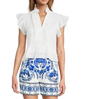 A Loves A Woven Ruffle Collar Split V-Neck Flutter Cap Sleeve Cropped Blouse