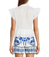 A Loves A Woven Ruffle Collar Split V-Neck Flutter Cap Sleeve Cropped Blouse