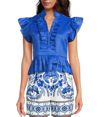 A Loves A Woven Ruffle Collar Split V-Neck Flutter Cap Sleeve Cropped Blouse