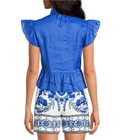 A Loves A Woven Ruffle Collar Split V-Neck Flutter Cap Sleeve Cropped Blouse