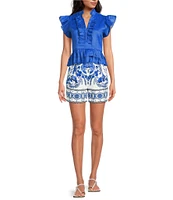 A Loves A Woven Ruffle Collar Split V-Neck Flutter Cap Sleeve Cropped Blouse