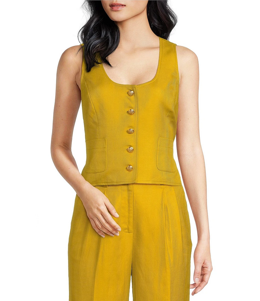 A Loves A Woven Scoop Neck Embellished Button Front Sleeveless Cropped Coordinating Vest