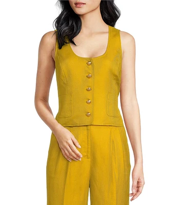 A Loves A Woven Scoop Neck Embellished Button Front Sleeveless Cropped Coordinating Vest