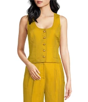 A Loves A Woven Scoop Neck Embellished Button Front Sleeveless Cropped Coordinating Vest