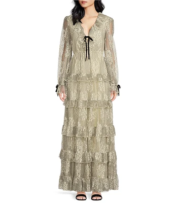 A Loves A Woven Sheer Illusion Lace Ruffle Trim Deep V-Neck Velvet Tie Long Blouson Sleeve Tiered Ruffle A-Line Maxi Dress