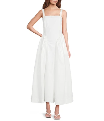 A Loves A Woven Square Neck Sleeveless Straps Drop Waist Smocked Backing Ruched Sides A-Line Maxi Dress