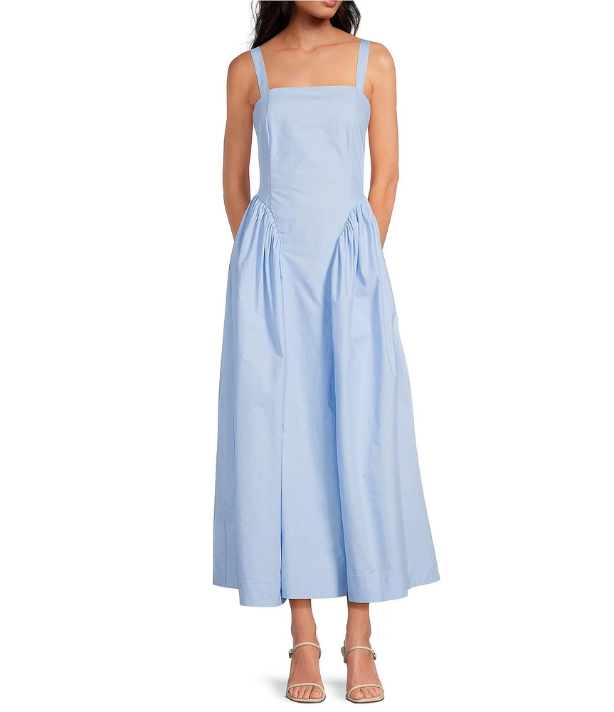 A Loves A Woven Square Neck Sleeveless Straps Drop Waist Smocked Backing Ruched Sides A-Line Maxi Dress