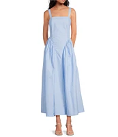 A Loves A Woven Square Neck Sleeveless Straps Drop Waist Smocked Backing Ruched Sides A-Line Maxi Dress
