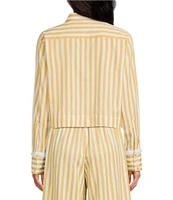 A Loves A Woven Stripe Point Collar Button Front Long Sleeve Fringe Cuff Cropped Coordinating Shirt