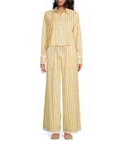 A Loves A Woven Stripe Point Collar Button Front Long Sleeve Fringe Cuff Cropped Coordinating Shirt