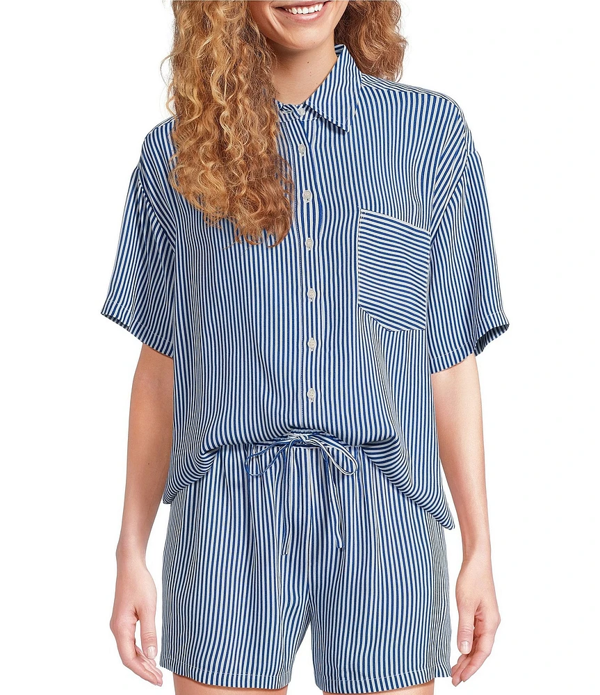 A Loves A Woven Stripe Point Collar Short Sleeve Button Front Coordinating Camp Shirt