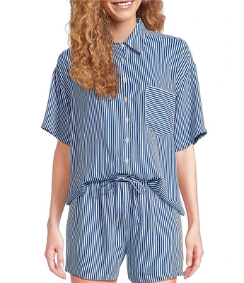 A Loves A Woven Stripe Point Collar Short Sleeve Button Front Coordinating Camp Shirt