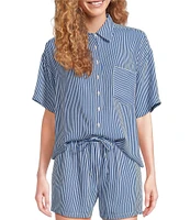 A Loves A Woven Stripe Point Collar Short Sleeve Button Front Coordinating Camp Shirt