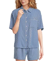 A Loves A Woven Stripe Point Collar Short Sleeve Button Front Coordinating Camp Shirt