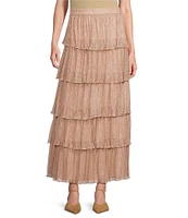 A Loves Metallic Chiffon Bodre High Rise Tiered Ruffle A-Line Flounce Maxi Skirt