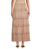 A Loves Metallic Chiffon Bodre High Rise Tiered Ruffle A-Line Flounce Maxi Skirt