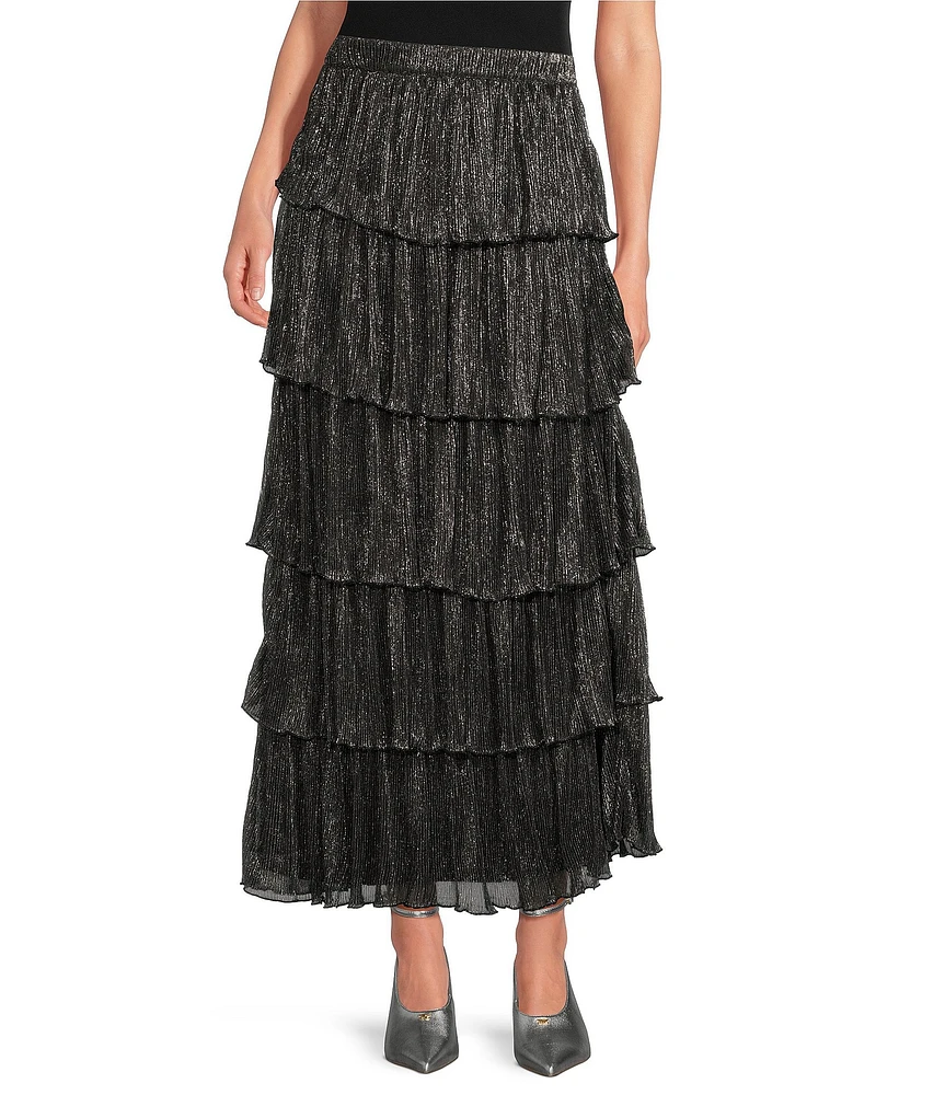 A Loves Metallic Chiffon Bodre High Rise Tiered Ruffle A-Line Flounce Maxi Skirt