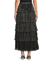 A Loves Metallic Chiffon Bodre High Rise Tiered Ruffle A-Line Flounce Maxi Skirt