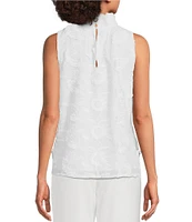 Abbey Glass Barbara Ruffle Mock Neck 3D Floral Detail Sleeveless Top