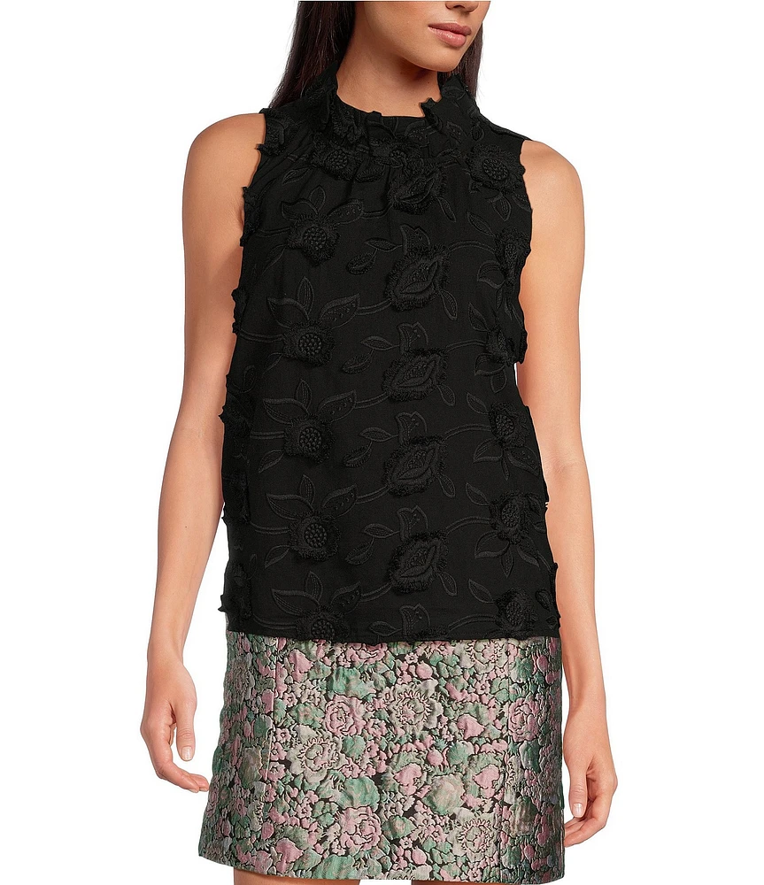 Abbey Glass Barbara Ruffle Mock Neck 3D Floral Detail Sleeveless Top