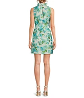 Abbey Glass Betty Ruffle Mock Neck Tie Waist Floral Print Mini Shift Dress
