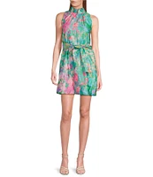 Abbey Glass Betty Ruffle Mock Neck Tie Waist Watercolor Floral Mini Dress