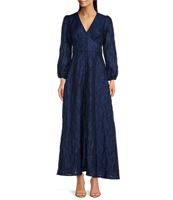 Abbey Glass Brooke Organza V-Neck Long Sleeve Button Front A-Line Maxi Dress