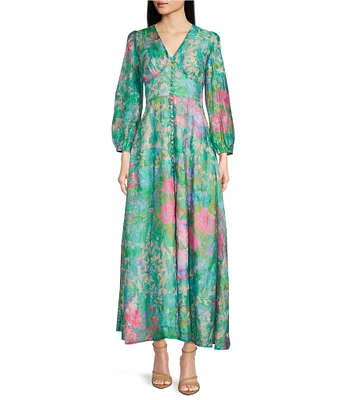 Abbey Glass Brooke Watercolor Floral Long Sheer Sleeve V-Neck Maxi Dress