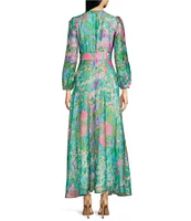 Abbey Glass Brooke Watercolor Floral Long Sheer Sleeve V-Neck Maxi Dress