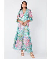 Abbey Glass Brooke Watercolor Floral Long Sheer Sleeve V-Neck Maxi Dress