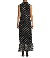 Abbey Glass Camille Flower Sequin Ruffle Mock Neck Sleeveless Gown