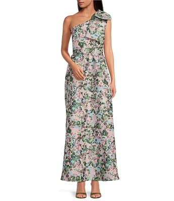 Abbey Glass Caroline Asymmetrical Neck Sleeveless Bow One Shoulder Bow Floral Jacquard Pocketed A-Line Dress