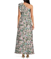 Abbey Glass Caroline Asymmetrical Neck Sleeveless Bow One Shoulder Bow Floral Jacquard Pocketed A-Line Dress